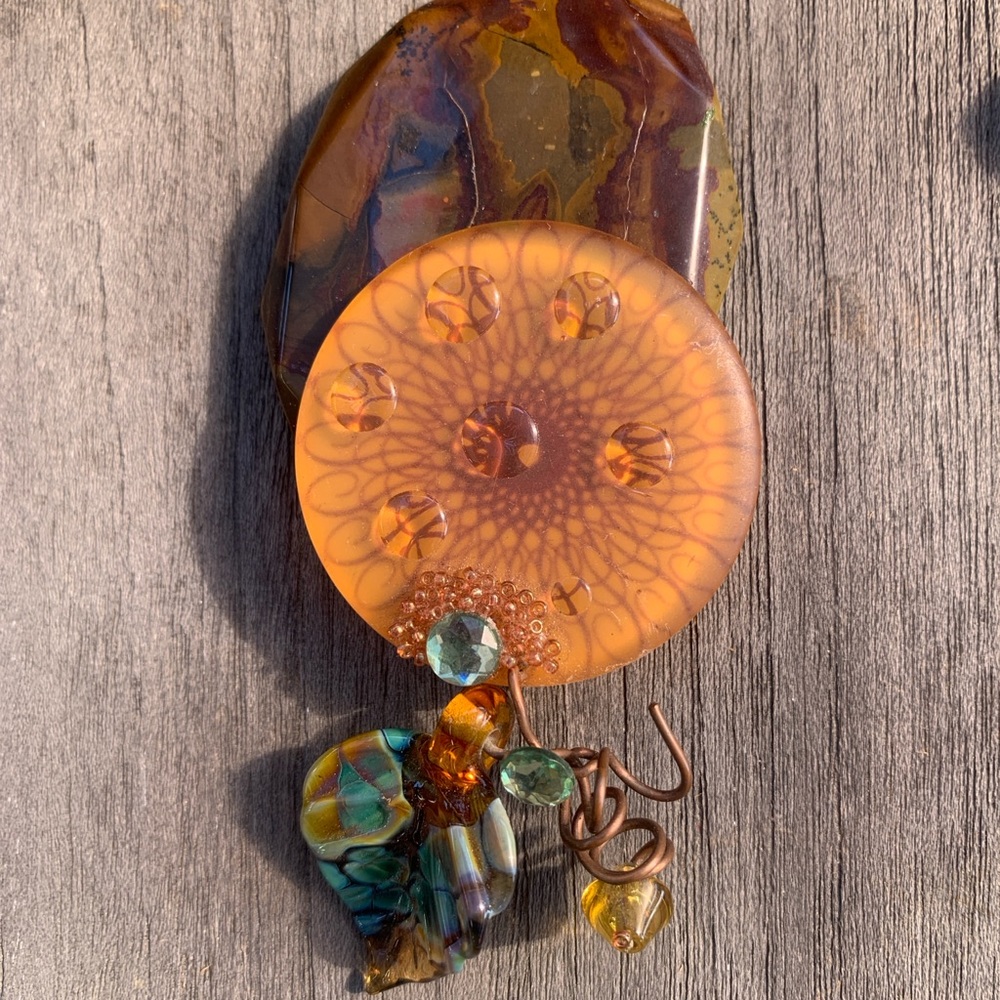 Unique Lampwork Glass, Resin and Brown Agate Artistic Pendant